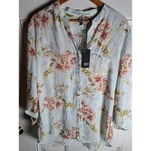 KUT From The Kloth Stitch Fix Tunic Top Womens  XL Mint Floral Y-Neck Long Line